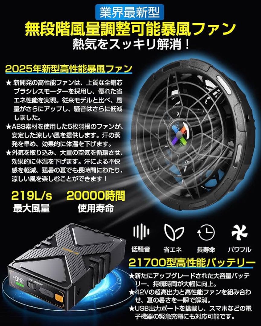 新品‼️42V超高出力 超強風 作業服ファンバッテリーセット風量調節PSE認証済