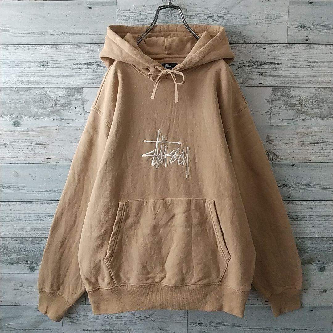 人気☆ステューシー 刺繍 センターロゴ ショーンフォント パーカー L ベージュ