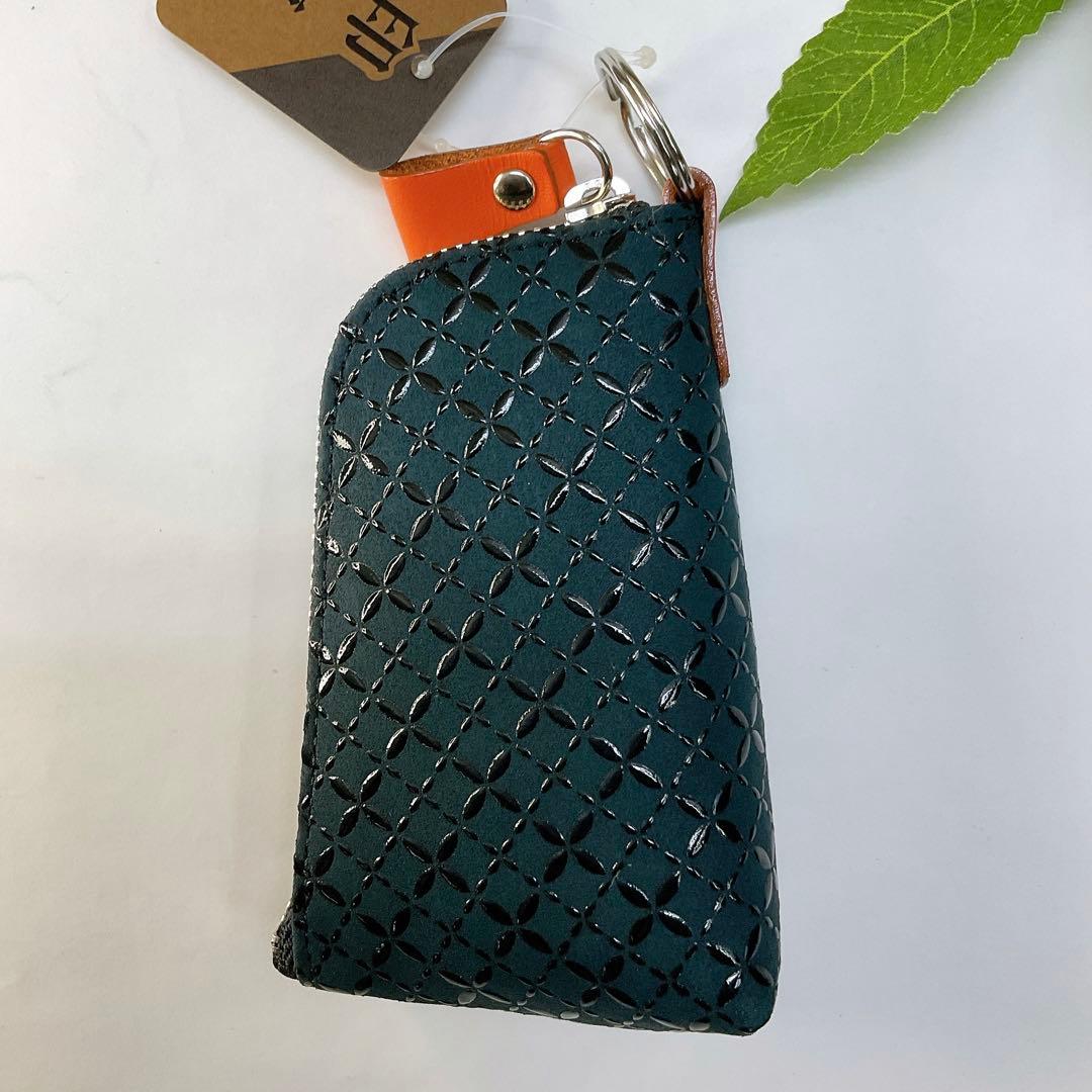 甲州印伝 キーケース【HISOCA】緑×黒漆 鹿革 印傳屋 七宝繋お洒落 新品