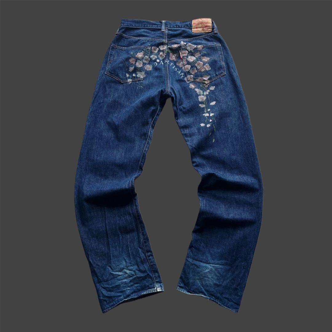 90s \"ダルチザン\" SD-301 極太 花柄ペイント デニムパンツ