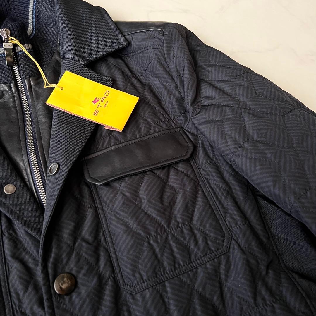 ほぼ未使用 ETRO レザー キルティングジャケット レイヤード M ネイビー