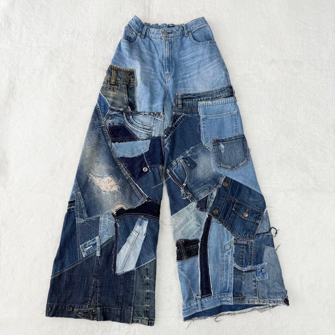 リメイクデニム パッチワーク ワイドパンツ フレアデニム 極太 唯一無二!!