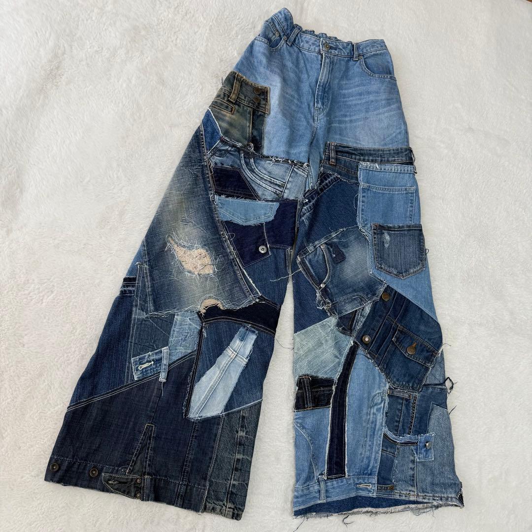リメイクデニム パッチワーク ワイドパンツ フレアデニム 極太 唯一無二!!
