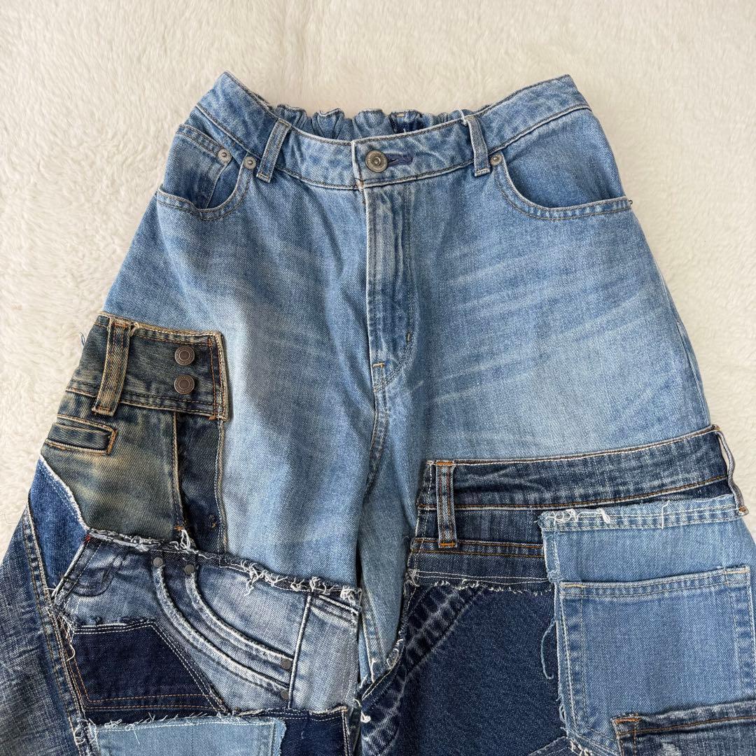 リメイクデニム パッチワーク ワイドパンツ フレアデニム 極太 唯一無二!!