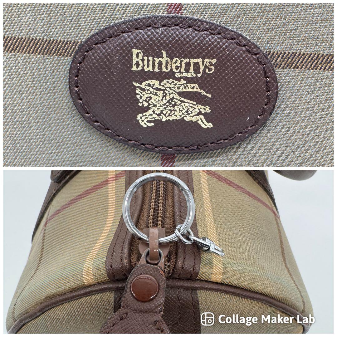 バーバリー ミニボストンバッグ ハンドバッグ トート レザー ファブリック 茶