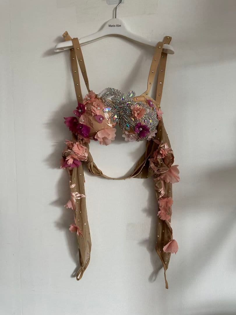 美品 ベリーダンス衣装 ブラスカートセット オレンジ系 花 撮影用