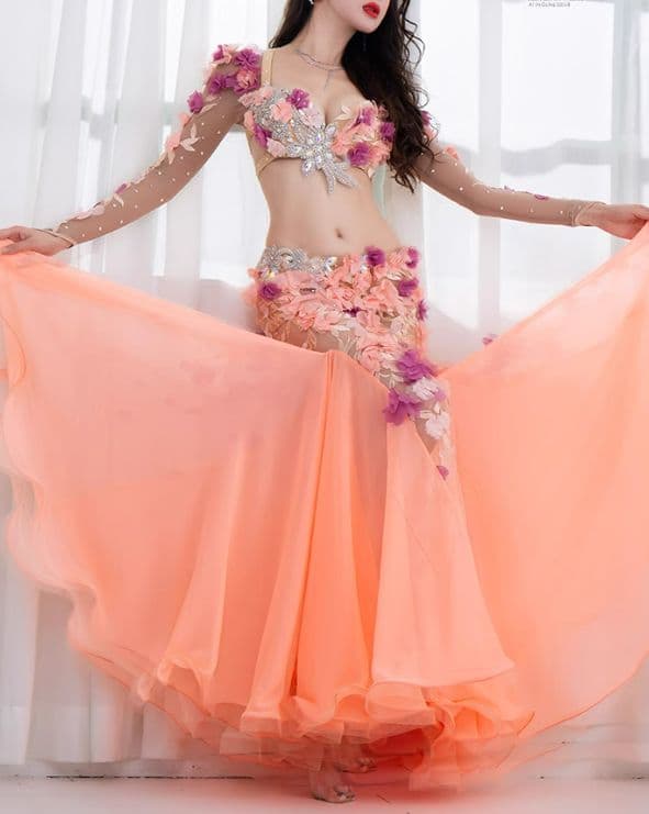 美品 ベリーダンス衣装 ブラスカートセット オレンジ系 花 撮影用