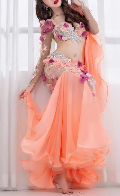 美品 ベリーダンス衣装 ブラスカートセット オレンジ系 花 撮影用