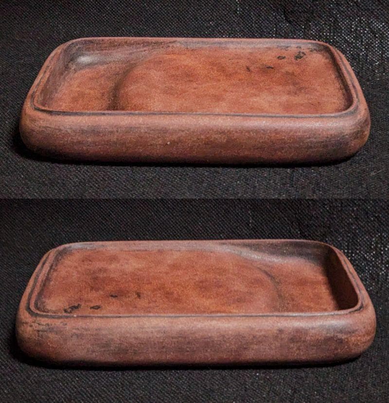 【澄泥硯　蝦頭紅の美石】◆蘇州霊巌山の自然石◆約六吋◆唐木塗箱入◆磨墨溌墨佳