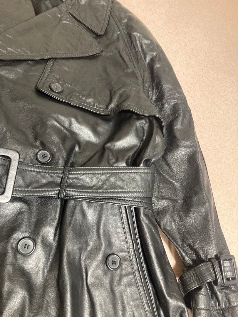 美品 y2k archive カウレザー トレンチコート 牛革 ベルト 光沢 黒