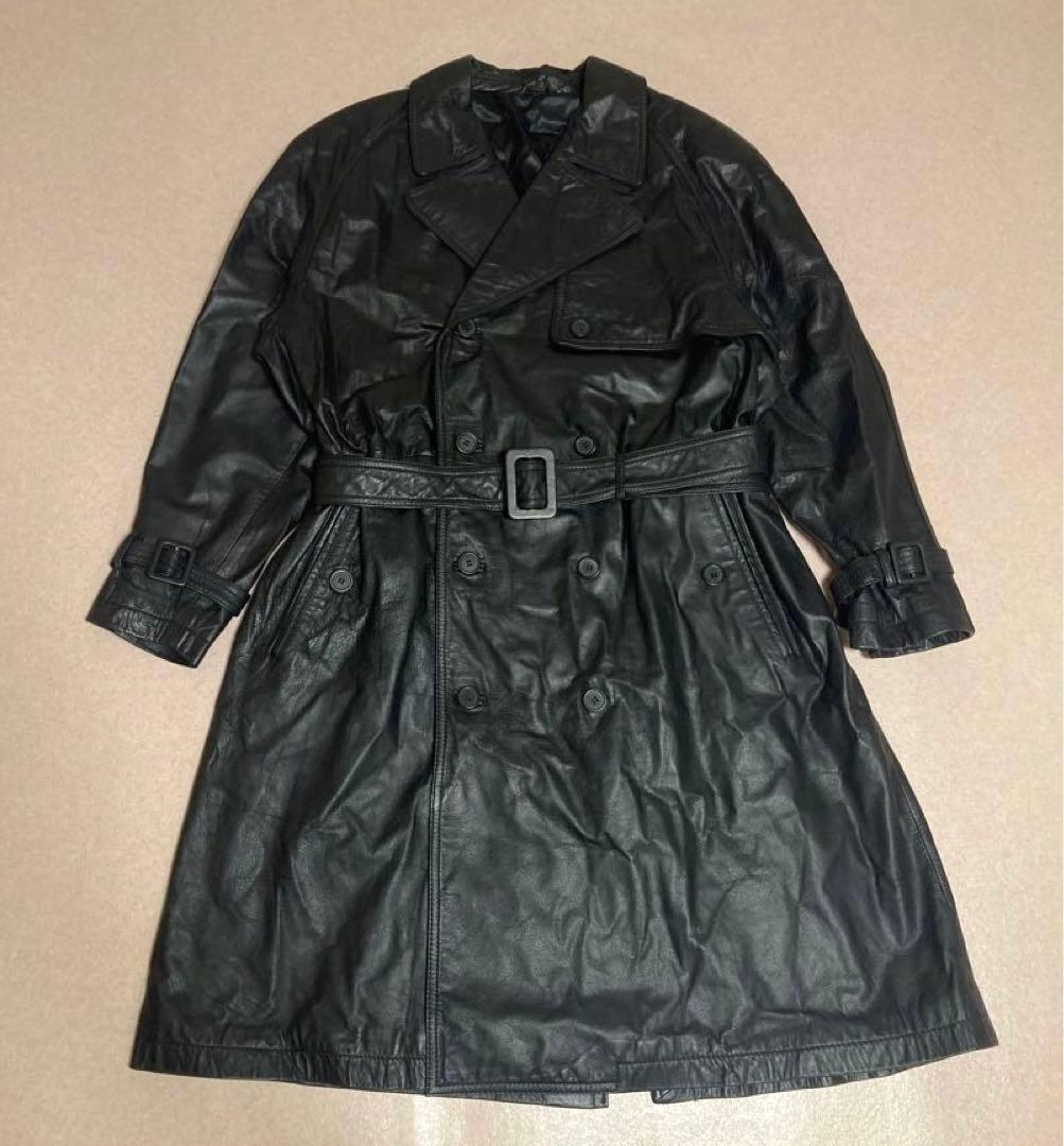 美品 y2k archive カウレザー トレンチコート 牛革 ベルト 光沢 黒
