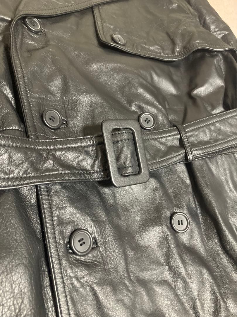 美品 y2k archive カウレザー トレンチコート 牛革 ベルト 光沢 黒