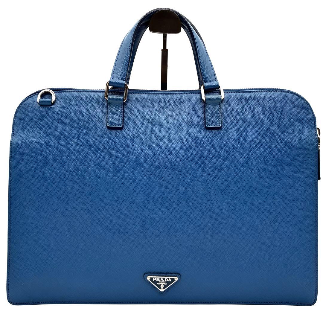 極美品 プラダ ビジネスバッグ 三角ロゴ サフィアーノレザー 白タグ ブルー