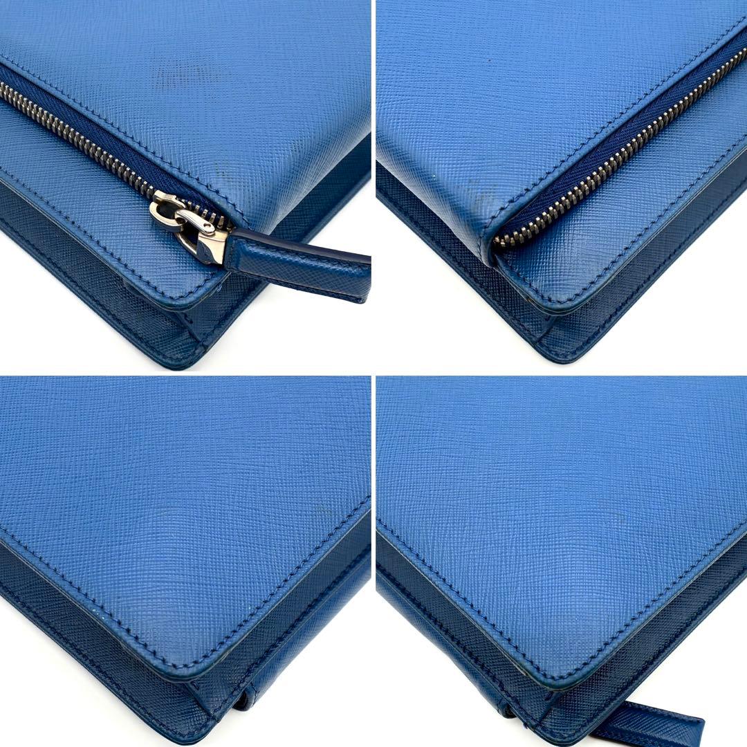 極美品 プラダ ビジネスバッグ 三角ロゴ サフィアーノレザー 白タグ ブルー