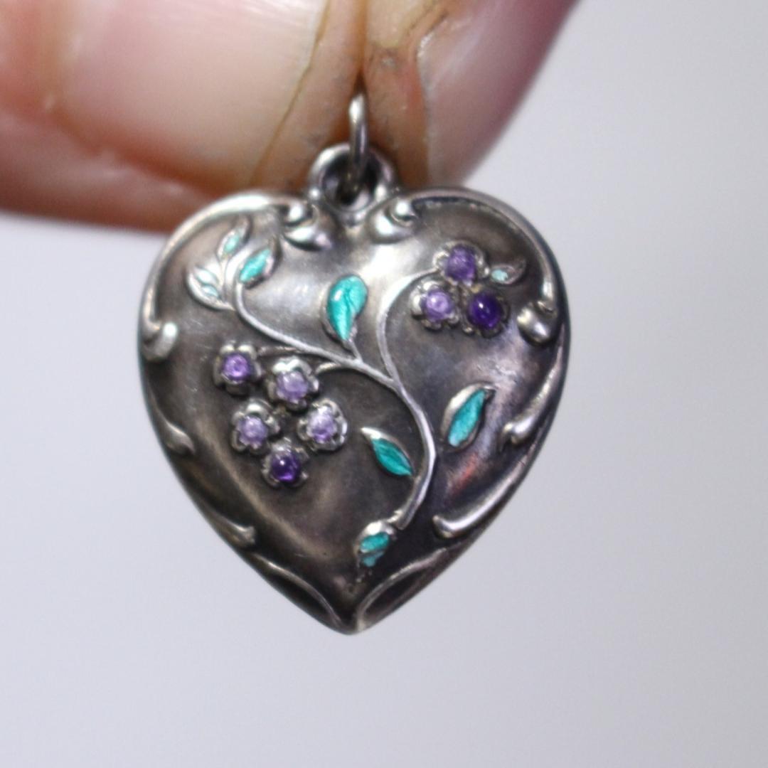 40s　スウィートハートジュエリー　WW2　シルバー　チャーム　勿忘草　エナメル