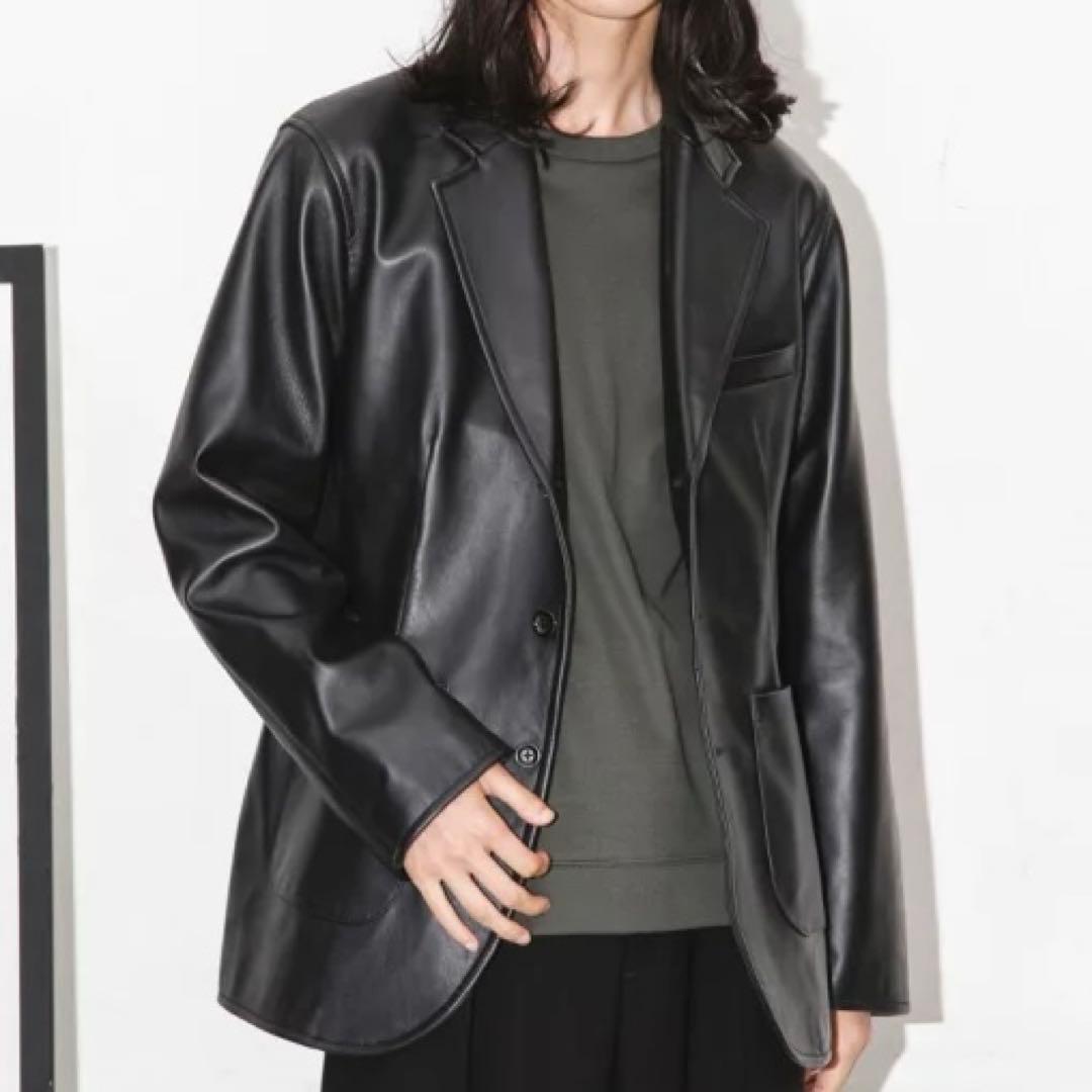 定価3.7万【美品】ルーズフィット3Bレザーテーラードジャケット/羊革/ブラック