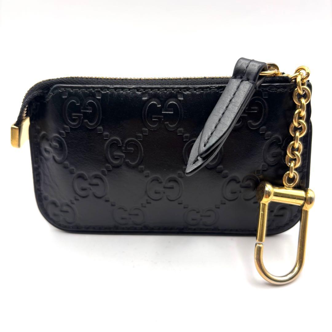 グッチ ケース シマ レザー キーチェーン フック ブラック 小物入れ