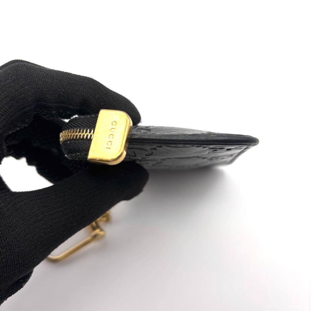 グッチ ケース シマ レザー キーチェーン フック ブラック 小物入れ