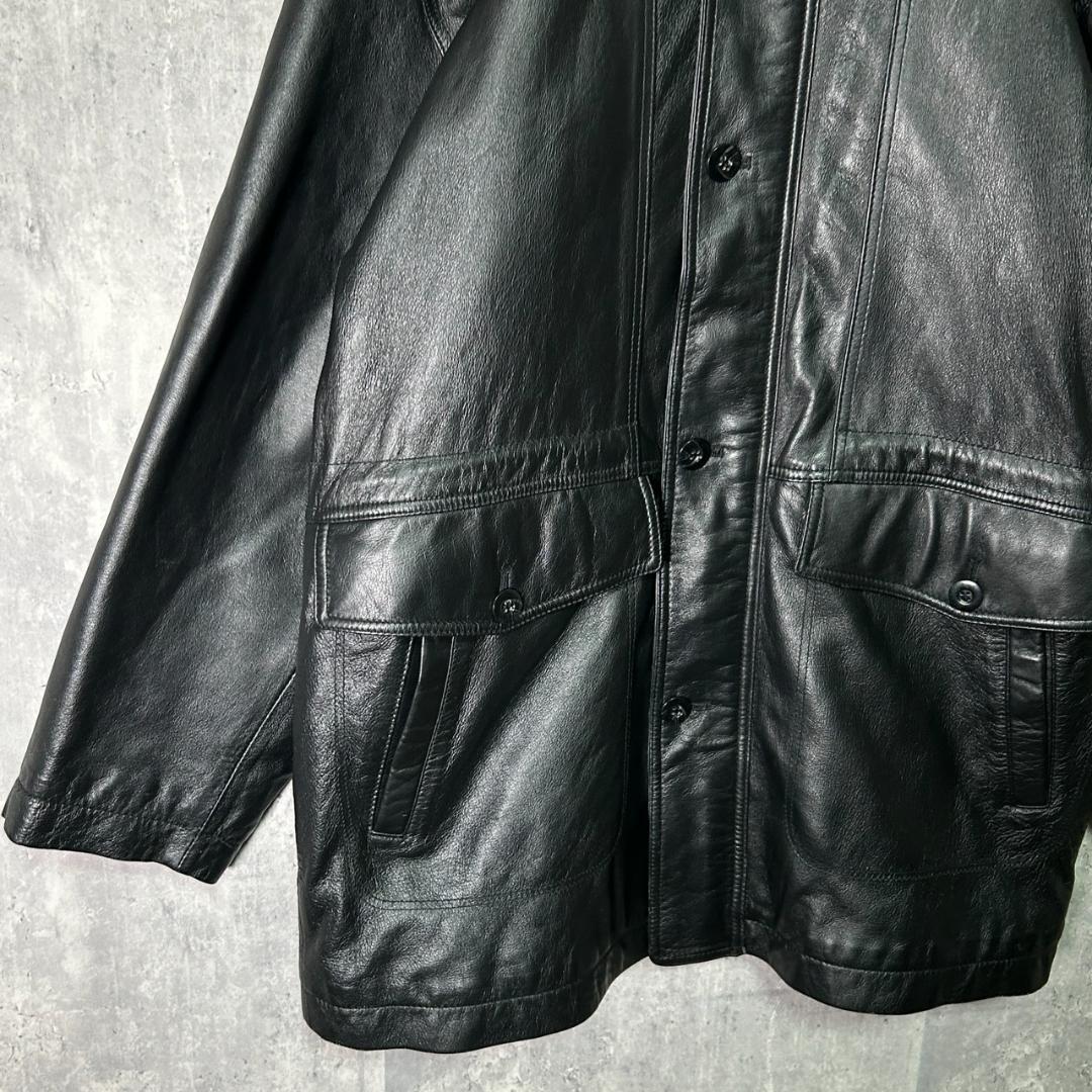 美品 フランス産 羊革 レザー カーコート ジャケット 黒 本革 肩パッドなし