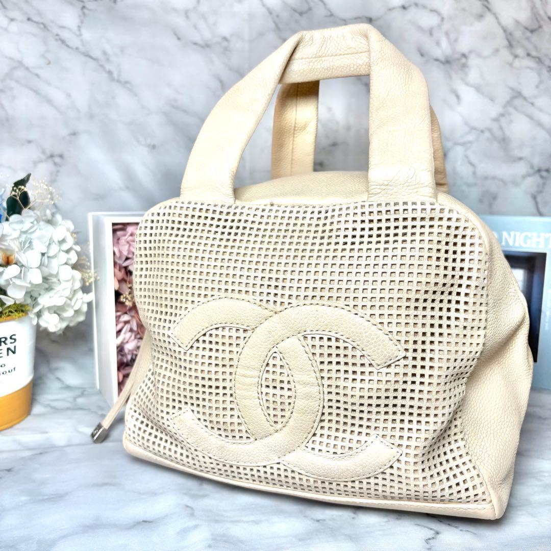10万→♡シャネル パンチング ハンドバッグ ベージュ キャビアスキン デカココ