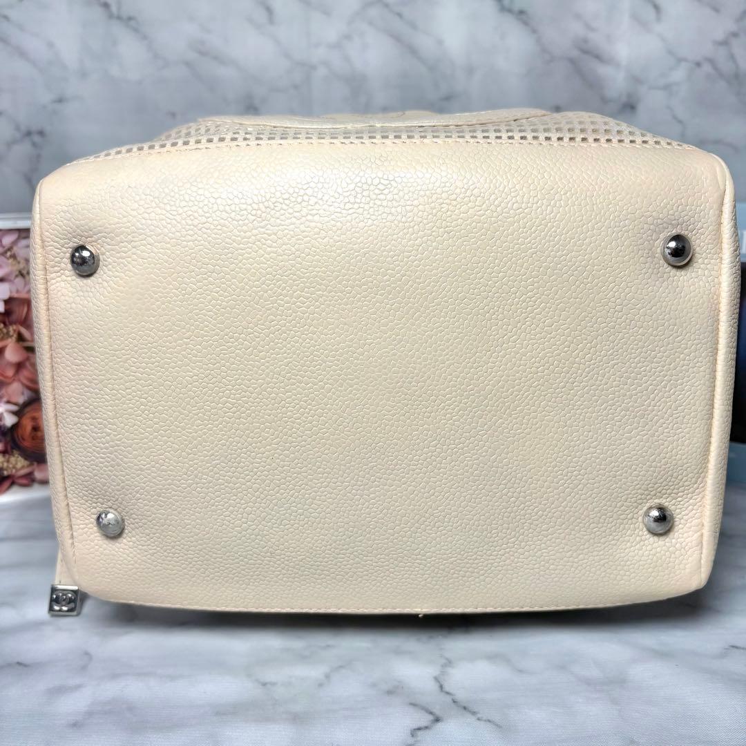 10万→♡シャネル パンチング ハンドバッグ ベージュ キャビアスキン デカココ