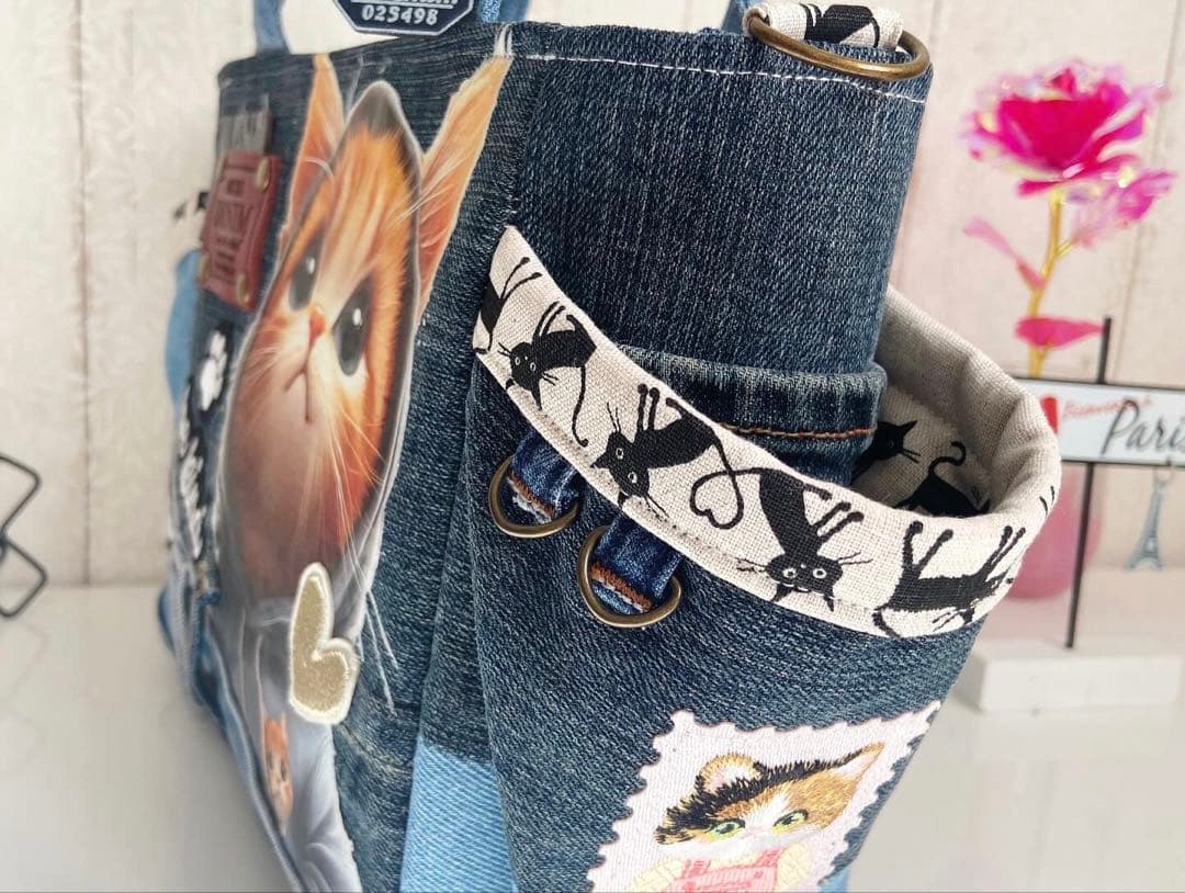 デニムリメイクバックS パールデニム×猫