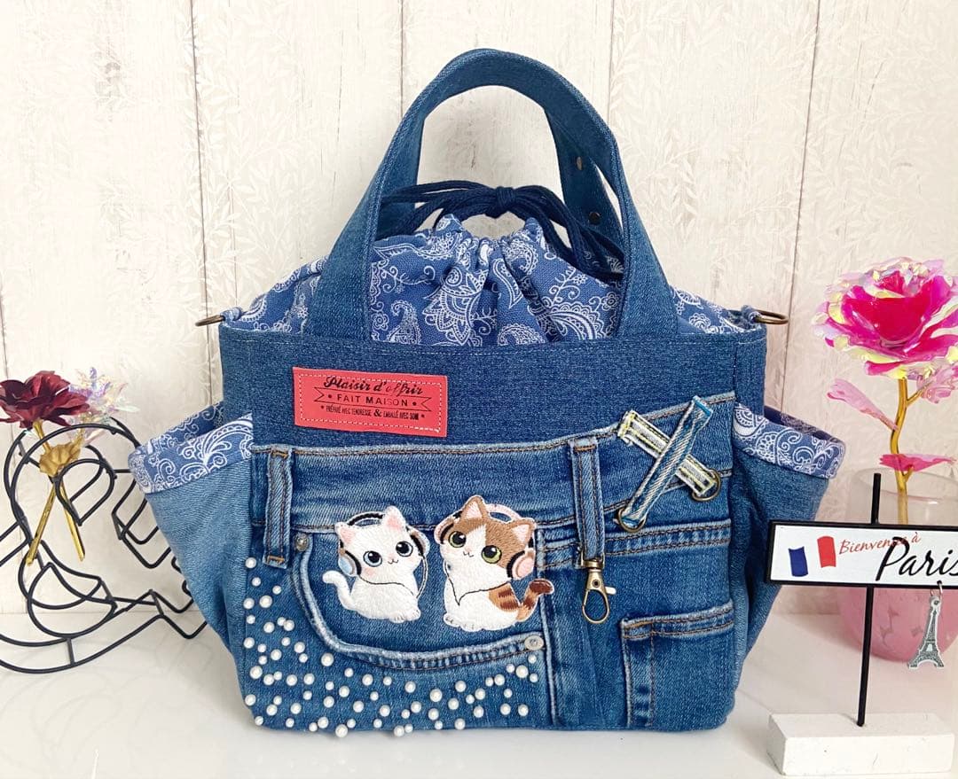 デニムリメイクバックS パールデニム×猫