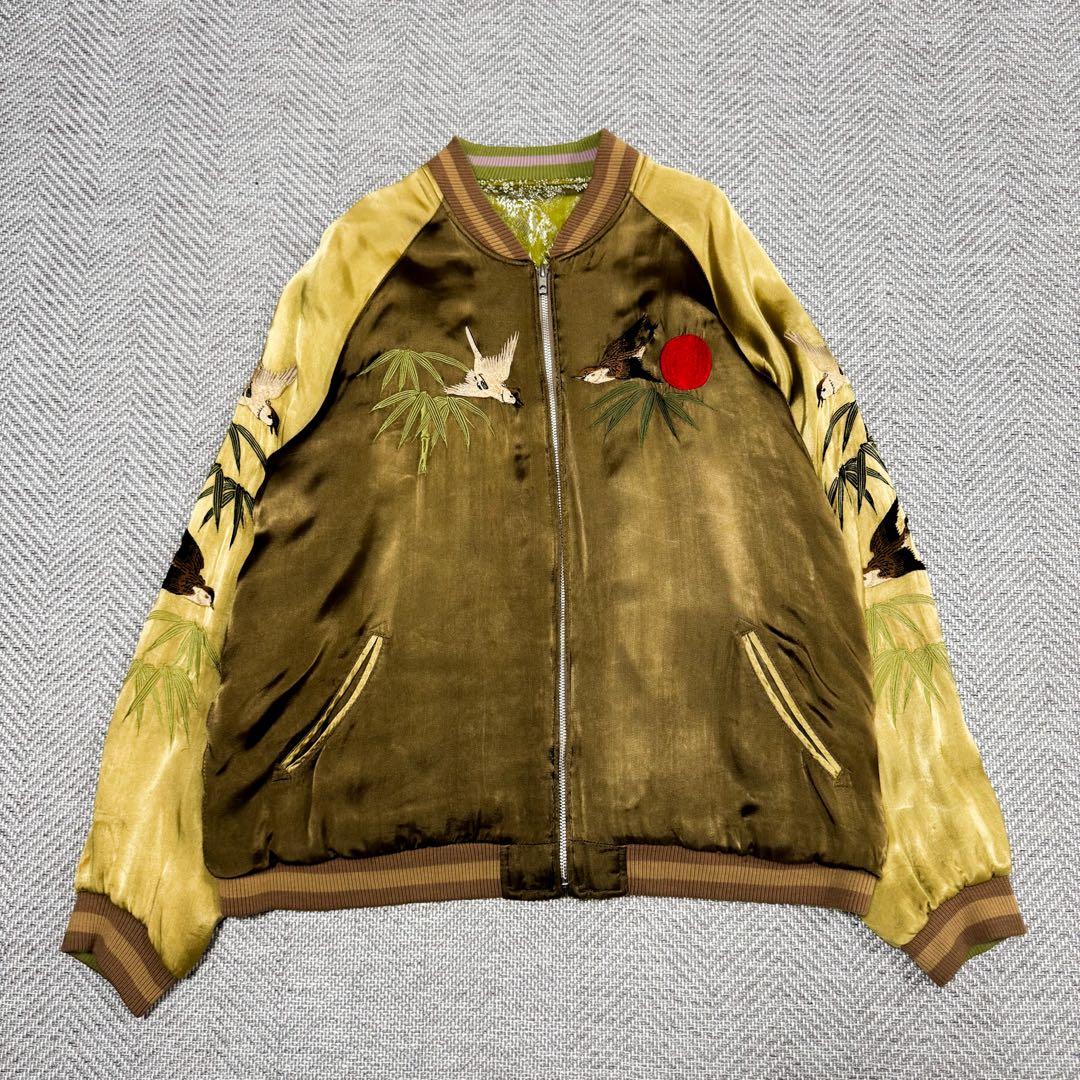 美品 花旅楽団 リバーシブル スカジャン 雀 笹 鳥 日の丸 刺繍 XL 希少