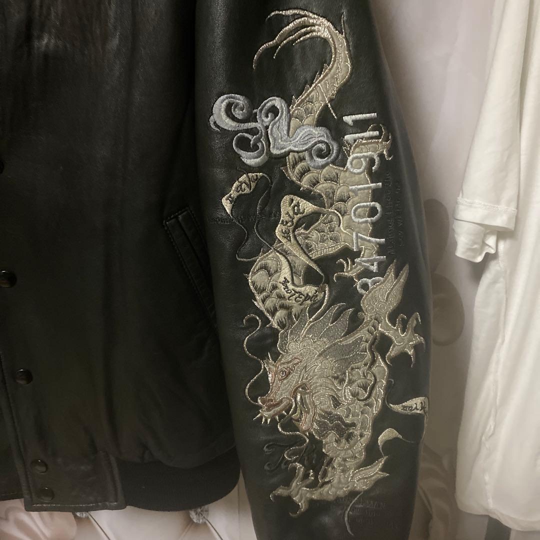 KANSAIMAN フォーリンドラゴン刺繍　黒レザー刺繍スカジャン