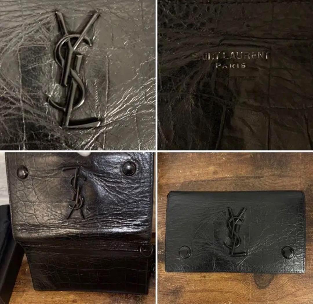 イヴサンローラン ウォレットチェーン　クロコ 長財布 ブラック