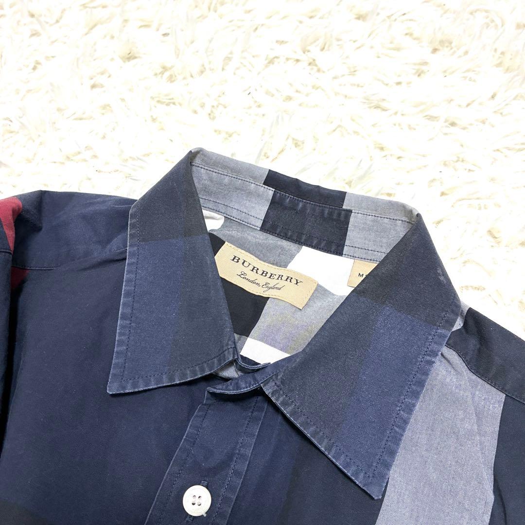 美品 バーバリー 長袖シャツ ノバチェック メガチェック メンズ ネイビー M