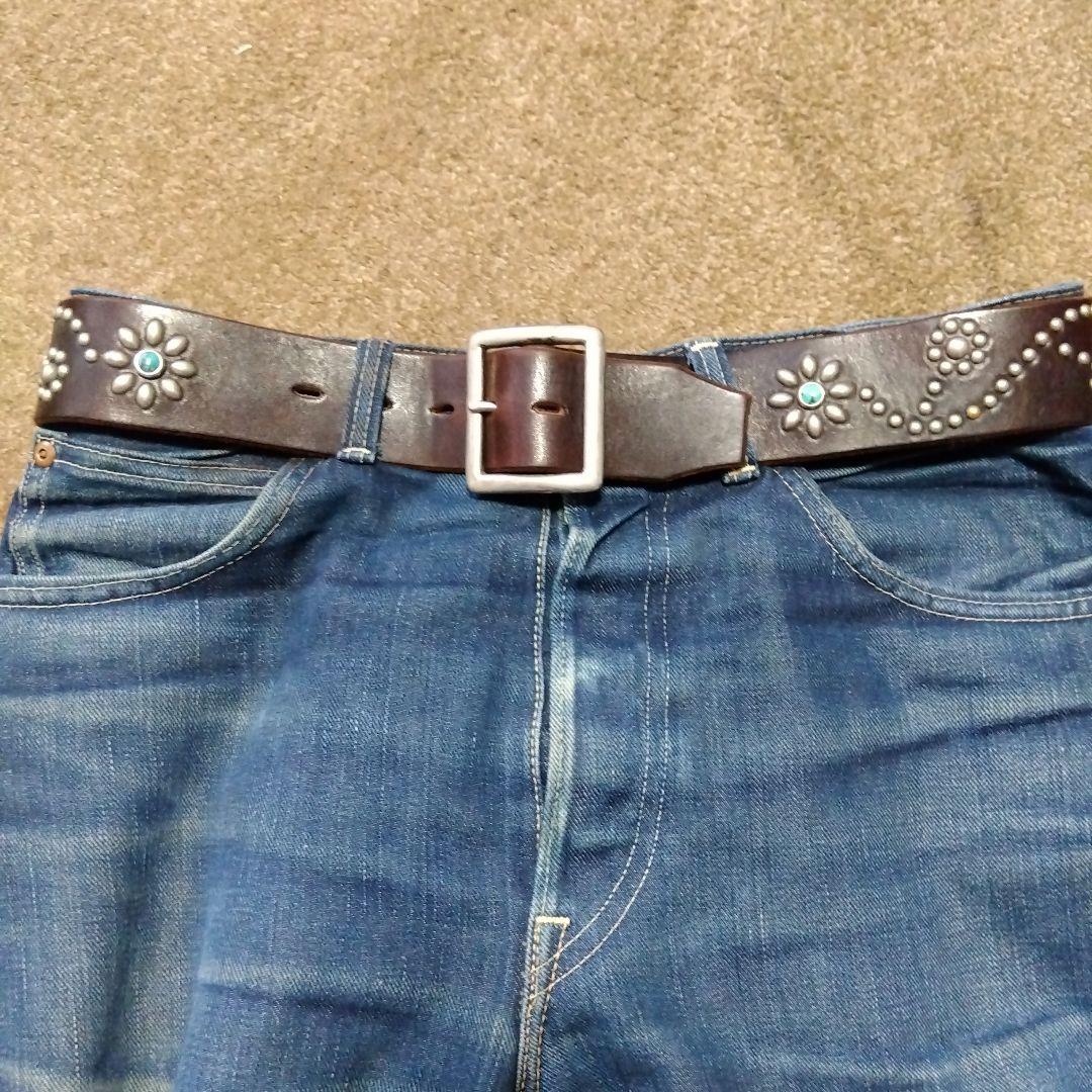 32inch HTC ターコイズ フラワー レザー スタッズベルト ブラウン