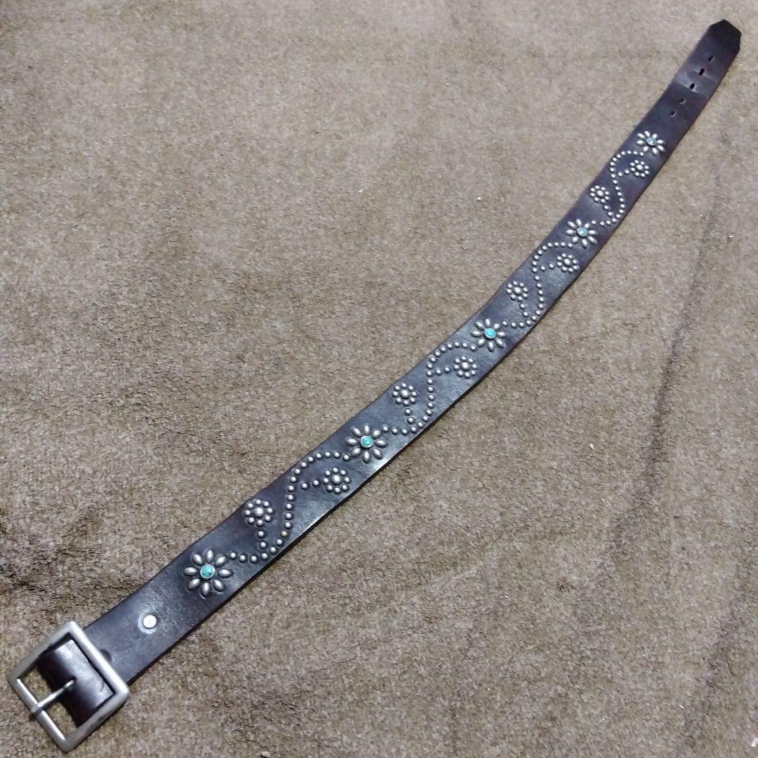 32inch HTC ターコイズ フラワー レザー スタッズベルト ブラウン