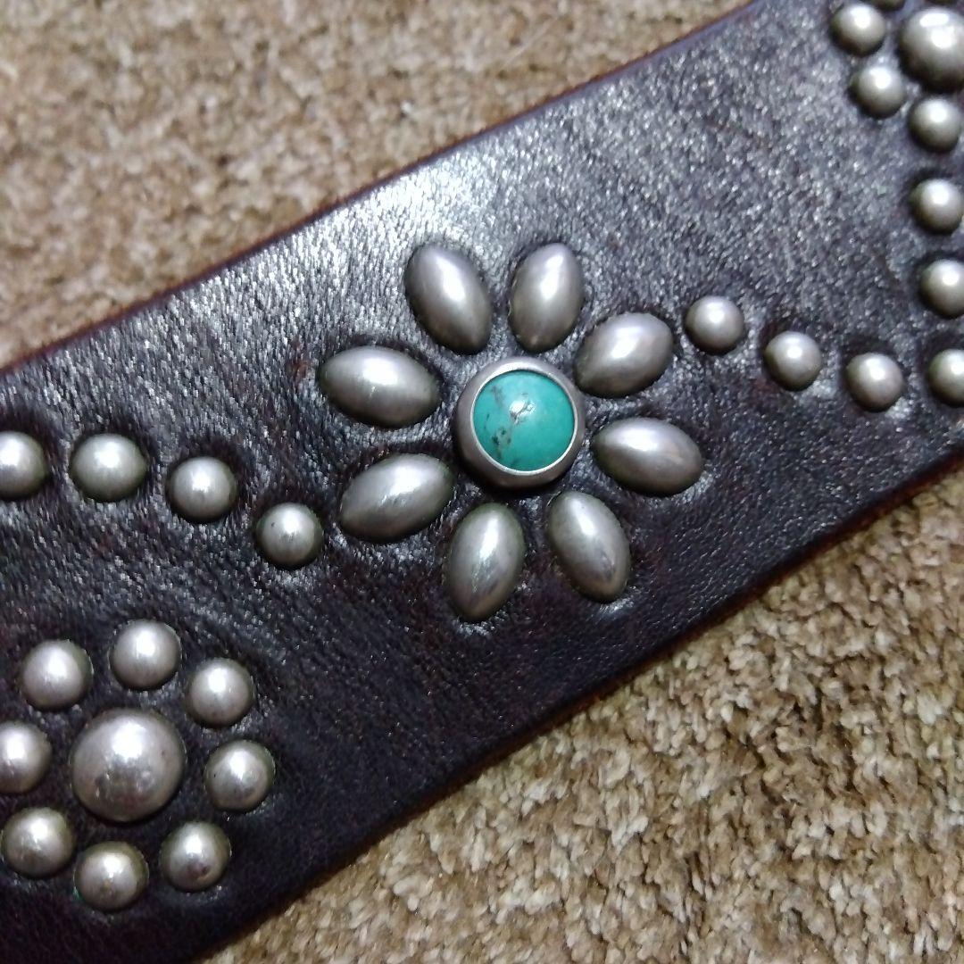 32inch HTC ターコイズ フラワー レザー スタッズベルト ブラウン