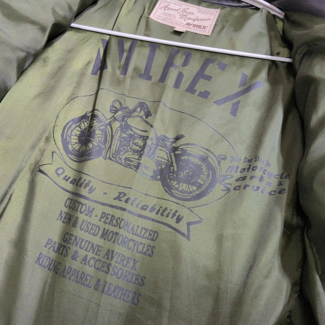 未使用級　AVIREX レザーダウン羊革　グリーンイラスト　黒　ブラック　M