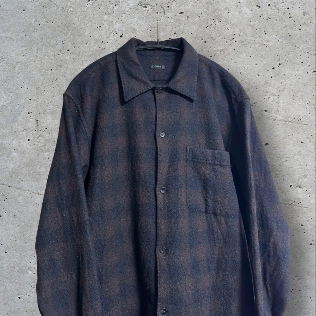 COMOLI コモリ ウールチェックシャツ ブラウン 2 カシミヤ 長袖 茶
