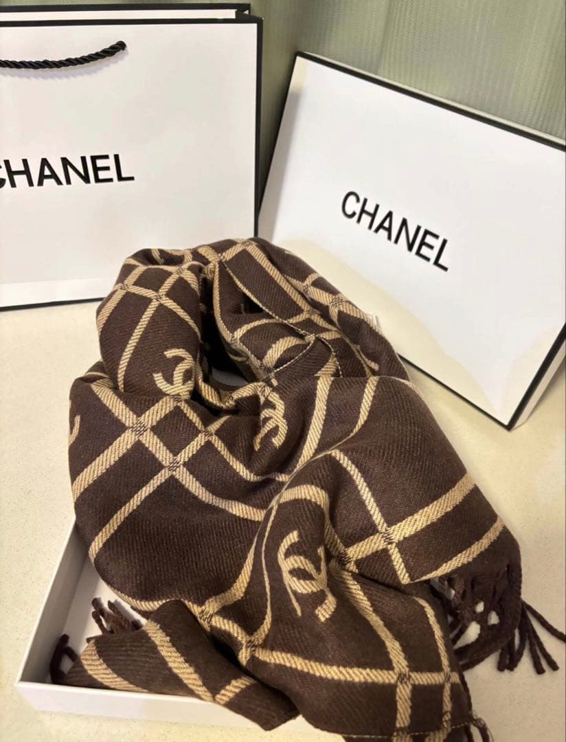 CHANEL チェック柄ウールスカーフ ベージュ ブラウン 180x30cm