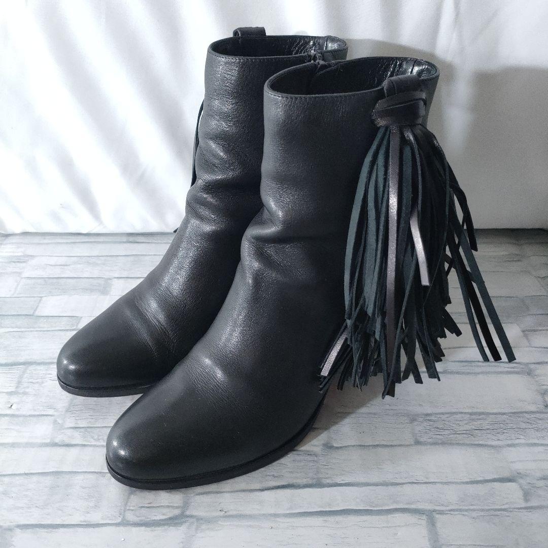 ルブタン　フリンジレザーブーツ　黒　サイドジップ　38