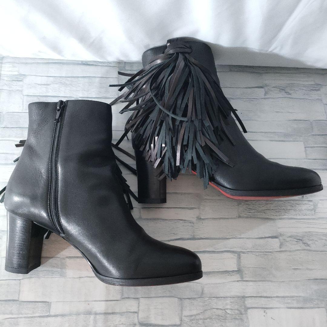 ルブタン　フリンジレザーブーツ　黒　サイドジップ　38
