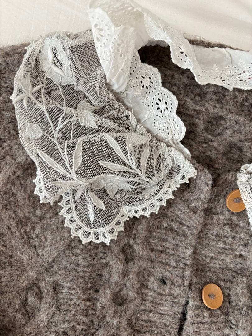 グレー ウール 手編み カーディガン フランスアンティークレース アルパカ