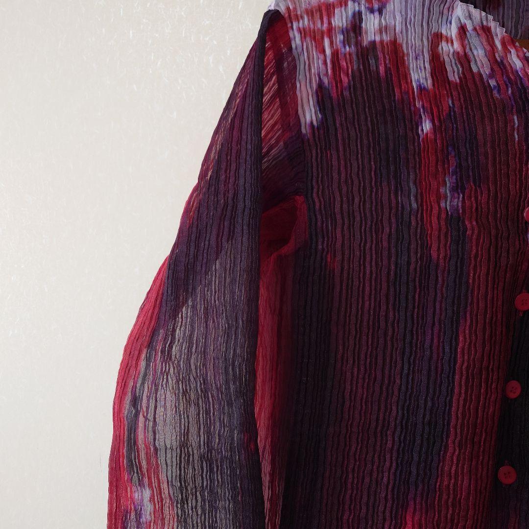 イッセイミヤケ　プリーツ　カーディガン　トップス　赤系　レトロ　レディース