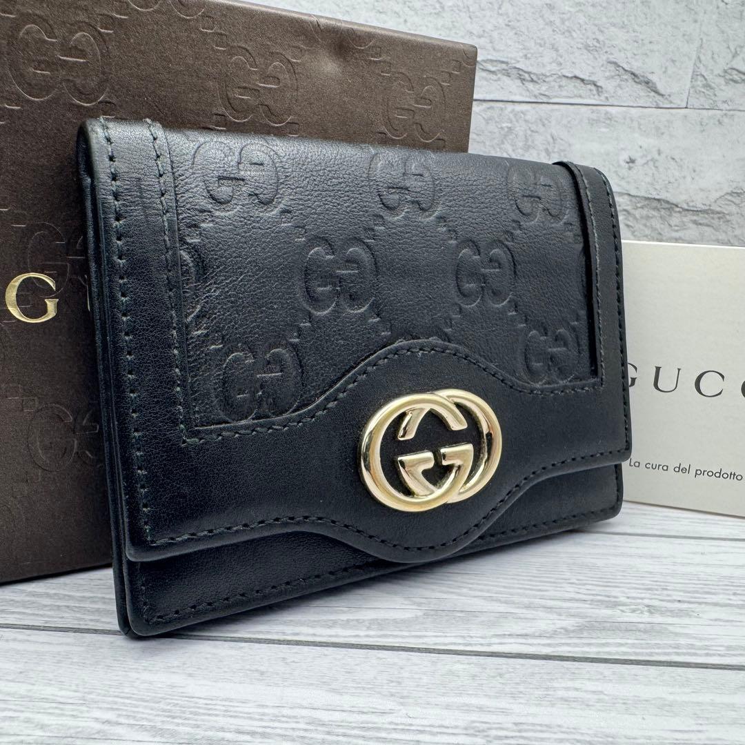 【極美品】GUCCI　名刺入れ　インターロッキング　GG柄　レザー　ブラック