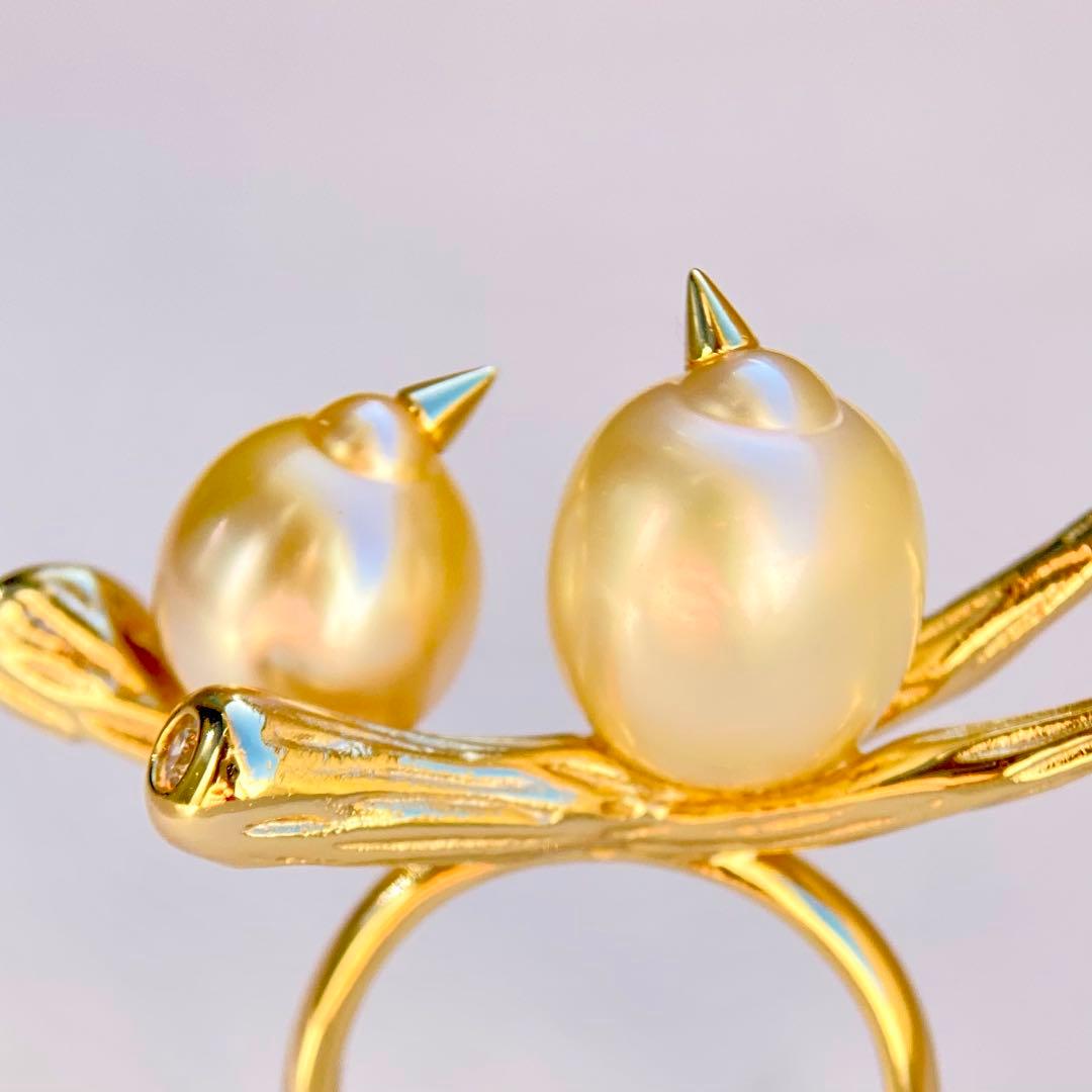 本真珠南洋白蝶真珠シャンパン&ゴールド「鳥と枝 」s925リングY1006