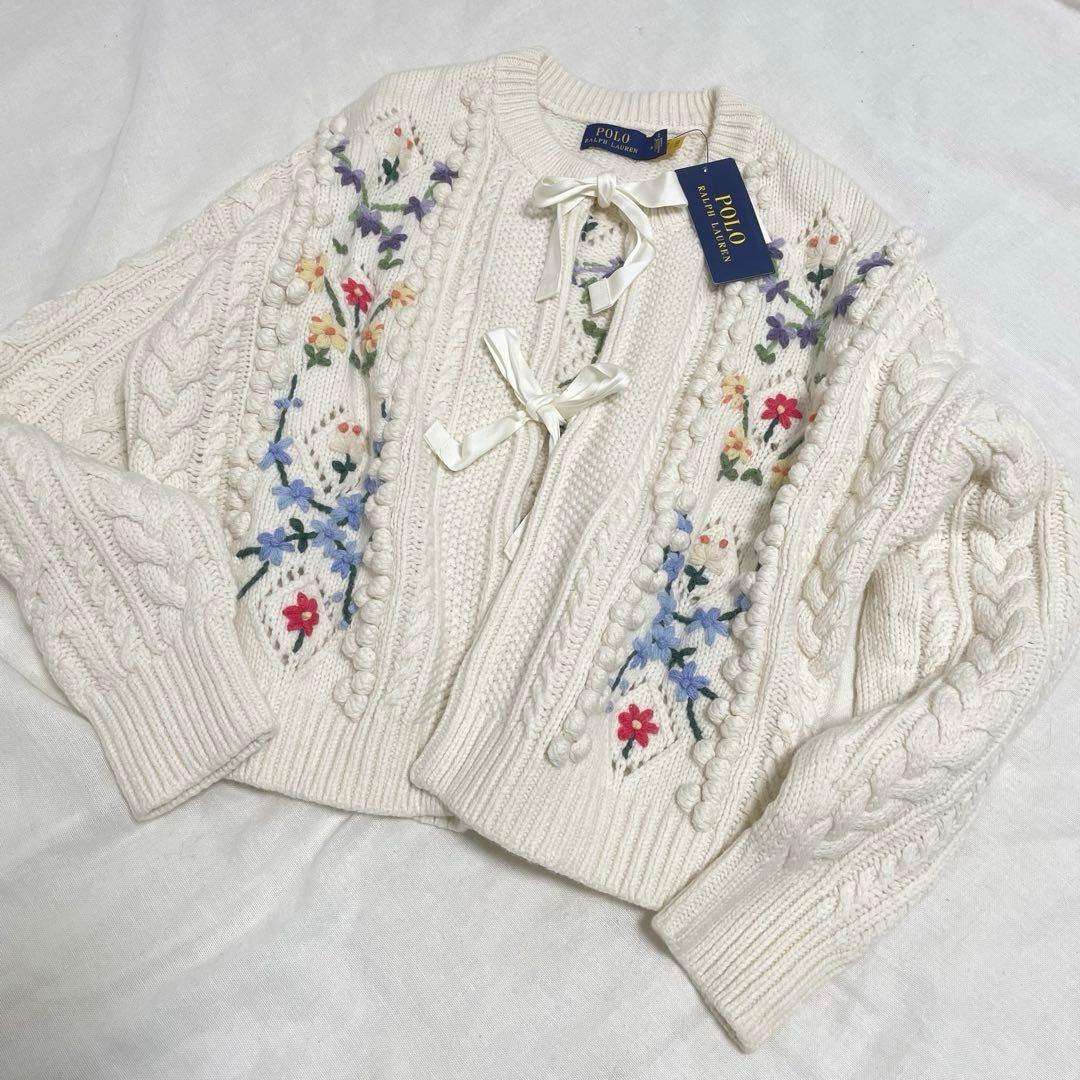 新品タグ付き♡ラルフローレン♡刺繍　リボン　ケーブル ウールブレンドカーディ