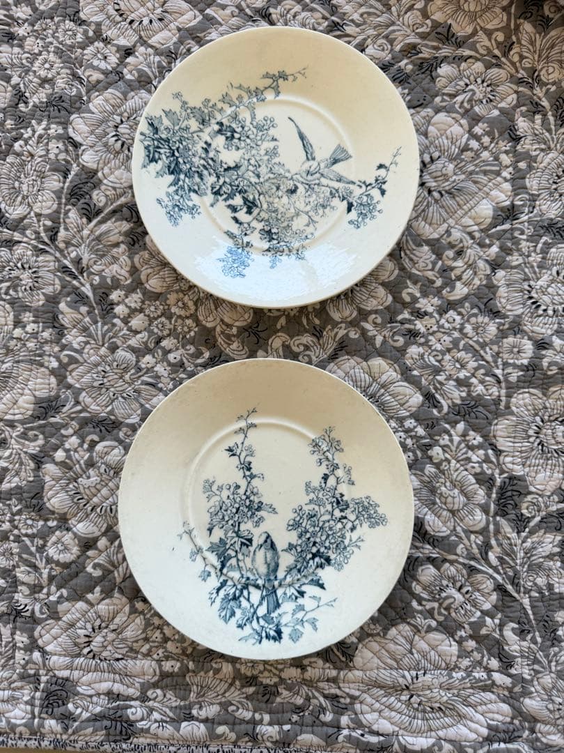 フランスアンティーク陶器リュネヴィル小鳥と植物の可愛いソーサープレート2枚セット