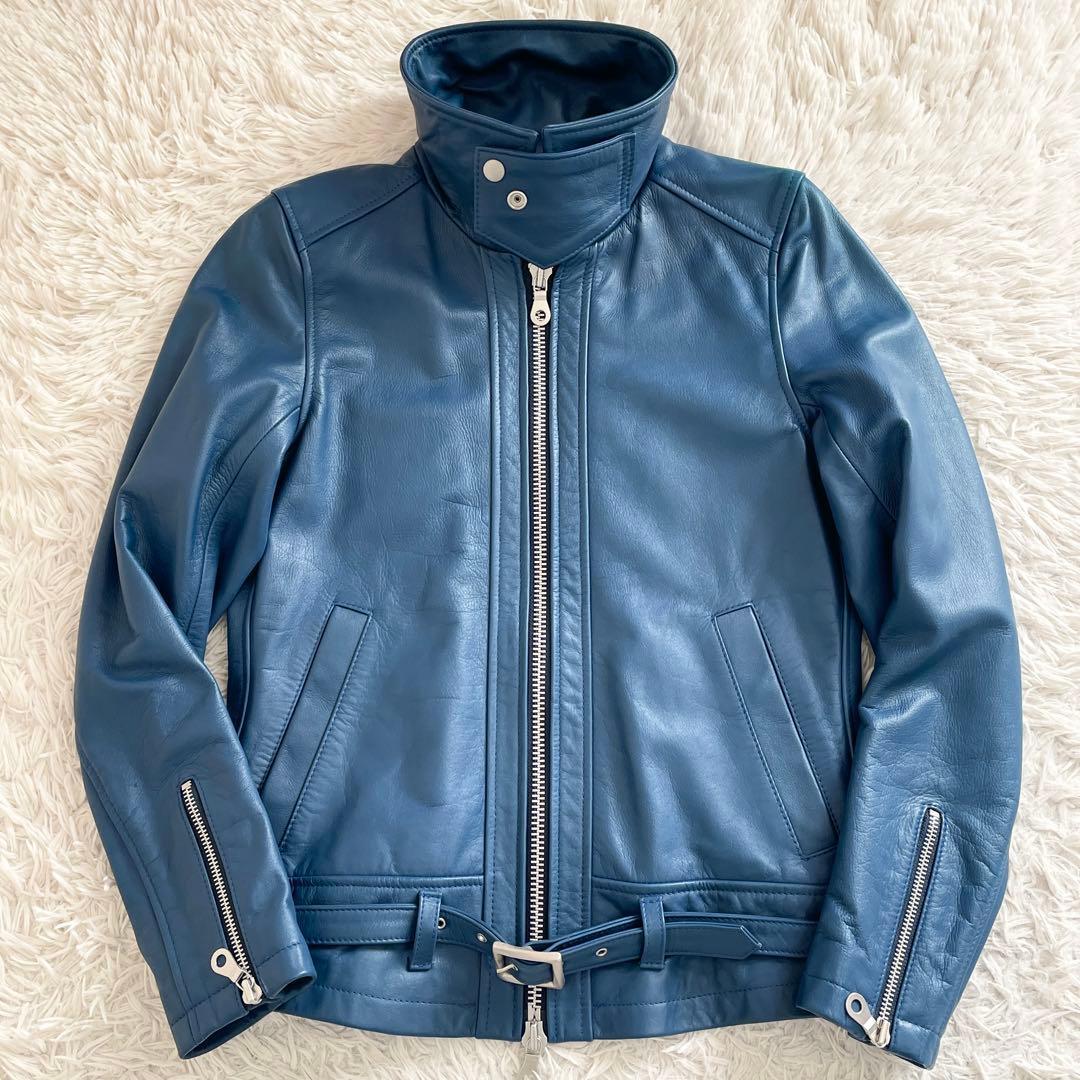 美品 NO ID. レザー シングルライダース ダブルジップ ブルー レッド