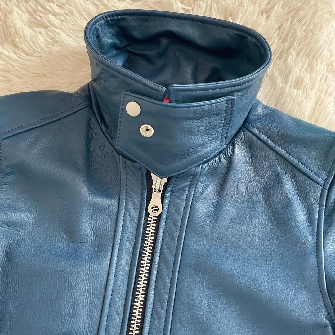 美品 NO ID. レザー シングルライダース ダブルジップ ブルー レッド
