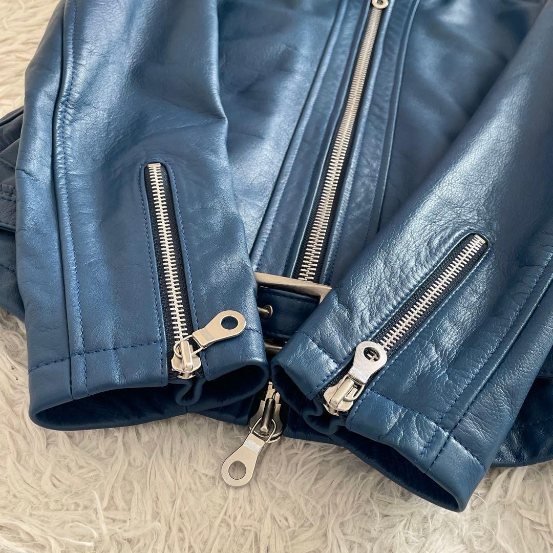 美品 NO ID. レザー シングルライダース ダブルジップ ブルー レッド
