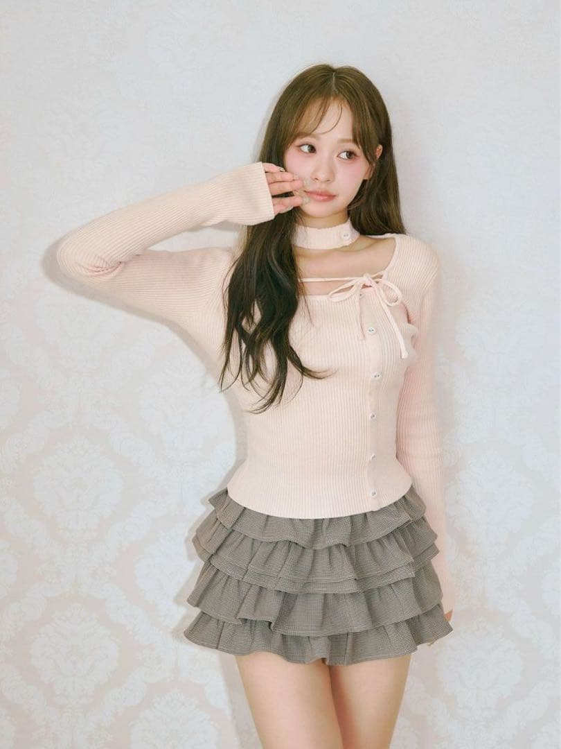 BUBBLES チョーカーボタンニットトップス　pink