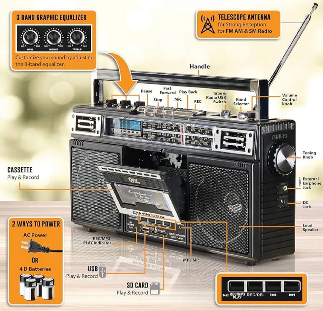 90年代 QFX J-220BT レトロカセットレコーダープレーヤー ラジカセ